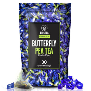 BLUE TEA - Butterfly Pea Flower - 30 Pyramid Tea Bags | Premium Zipper Pack | Makes Natural Blue Purple Pink Iced Tea, Cooler, Cocktails , Mocktails | Herbal Tea - Tisane - High on Anti Oxidants