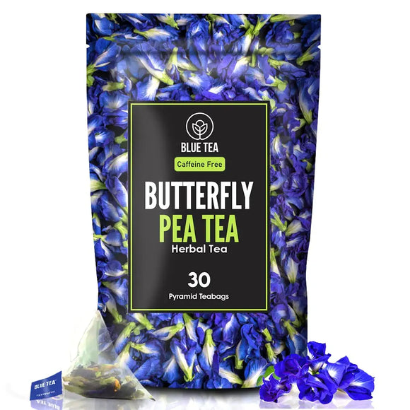 BLUE TEA - Butterfly Pea Flower - 30 Pyramid Tea Bags | Premium Zipper Pack | Makes Natural Blue Purple Pink Iced Tea, Cooler, Cocktails , Mocktails | Herbal Tea - Tisane - High on Anti Oxidants