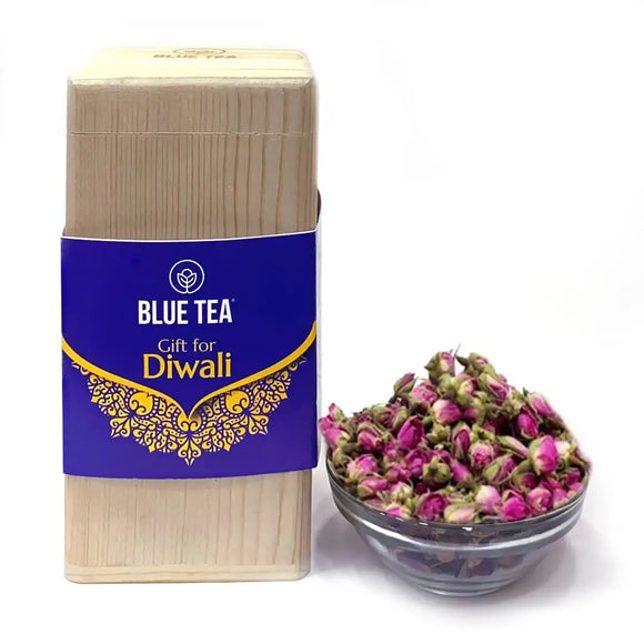 BLUE TEA - Herbal Tea Gift - Handmade Wooden Box - Rose Buds Tea – 40 g | Reusable Pine Wood Canister | Tea Gift set for Diwali | Caffeine Free – Gluten Free – Non-GMO | Premium Gift for Loved Ones