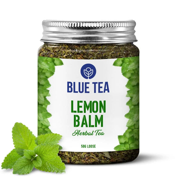 BLUE TEA - Lemon Balm Herbal Tea 50g || STRESS MANAGEMENT TEA || Herbal Loose Leaf Tea - Caffeine Free - 100% Natural Ingredients - Non-GMO - Premium Pet Jar