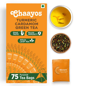 Chaayos Green Tea Bags - Turmeric Cardamom (75 Pyramid Tea Bags) | Turmeric and Cardamom Flavoured Green Tea | Organic Green Tea | Herbal Tea | Green Tea Leaves | Organic Tea | Detox Green Tea