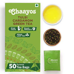 Chaayos Green Tea Bags - Tulsi Cardamom (50 Pyramid Tea Bags) | Tulsi and Cardamom Flavoured Green Tea | Organic Green Tea | Herbal Tea | Tulsi Green Tea | Organic Tea | Detox Green Tea