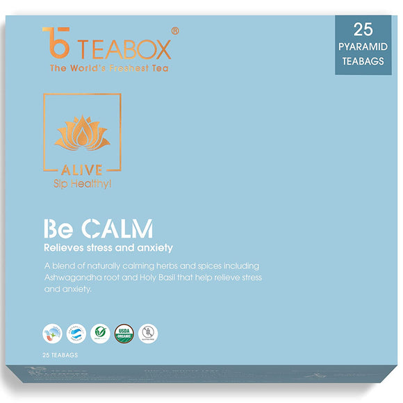 Teabox Be Calm Herbal Tea Bags 25 Pieces | 0% Caffeine Wellness Tea for Stress Relief and Good Sleep | Made with Ashwagandha, Holy Basil and Exotic Ayurvedic Herbs