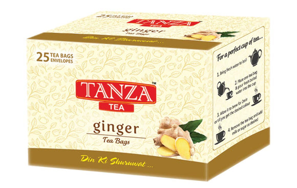 Tanza Tea Ginger Tea Bags | Ginger Flavoured Black Tea | 25 Tea Bag Envelopes