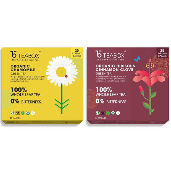 Onlyleaf Chamomile Green Tea, 25 Tea Bags & Hibiscus Cinnamon Clove Green Tea, 25 Tea Bags with 4 Free Exotic Samples Combo