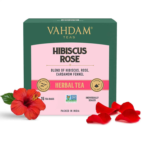 VAHDAM, Hibiscus Rose Herbal Tea- 15 Tea Bags | 100% Natural Ingredients | Calming Hibiscus & Fragrant Rose
