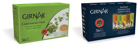 Girnar Instant Premix Chai - Variety Pack (36 Sachets) + Girnar Instant Premix Cardamom (504g)