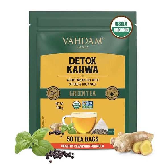 VAHDAM Organic Detox Kahwa Green Tea Bags - 50 Units | 100% Fresh and Organic Detox Green Tea | Real Ingredients (Black Pepper, Tulsi, Ginger, Clove, and Green Tea), 50 Pyramid Tea Bags