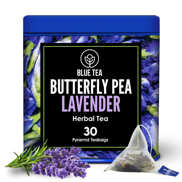 BLUE TEA - Butterfly Pea Flower Lavender | 30 Pyramid Tea Bags | Caffeine Free - Calming & Stress Relief | for Beverage | Non GMO - Premium Tin Pack - | for Gift | Non Toxic - Vegan |
