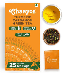 Chaayos Green Tea Bags - Turmeric Cardamom (25 Pyramid Tea Bags) | Turmeric and Cardamom Flavoured Green Tea | Organic Green Tea | Herbal Tea | Green Tea Leaves | Organic Tea | Detox Green Tea