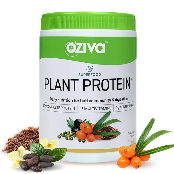 OZiva Superfood Plant Protein (20g of Complete Protein Powder with Essential Vitamins & Minerals) for Boosting Immunity, Energy & Better Digestion, Coco Vanilla, 250g