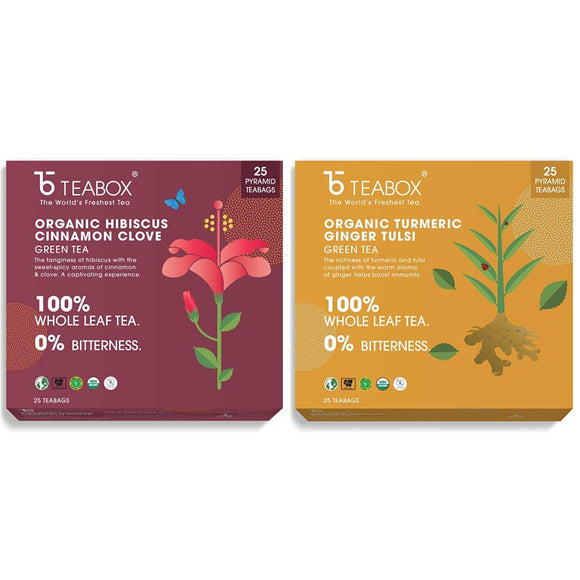 Onlyleaf Hibiscus Cinnamon Clove Green Tea, 25 Tea Bags & Turmeric Ginger Tulsi Green Tea, 25 Tea Bags with 4 Free Exotic Samples Combo