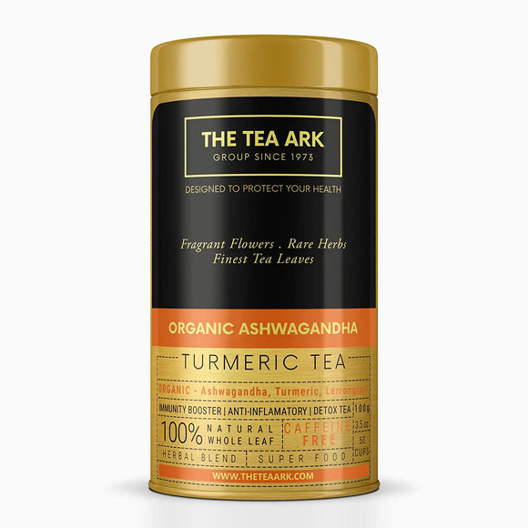 The Tea Ark Organic Ashwagandha, Turmeric & Lemongrass Tea, Herbal Tea Immunity Boosters for Adults, Body Detox & Weight Management, Organic Certified Ingredients (50 Cups), 100 Gms (Tin pack)