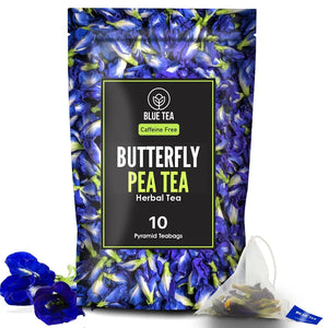 BLUE TEA - Dried Butterfly Pea Flower - 10 Pyramid Tea Bags | 100% Organic - DIRECTLY FROM SOURCE | Makes Natural Blue, Purple, Iced Tea, Cooler, Cocktails , Mocktails | Non GMO - Premium Zipper