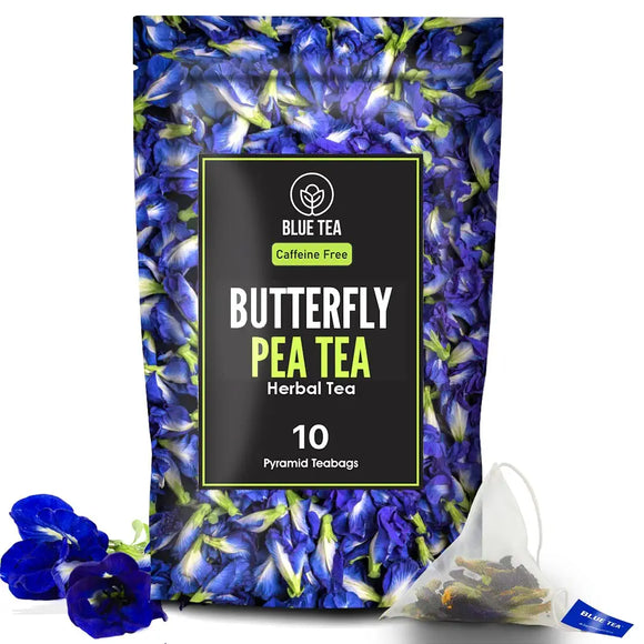 BLUE TEA - Dried Butterfly Pea Flower - 10 Pyramid Tea Bags | 100% Organic - DIRECTLY FROM SOURCE | Makes Natural Blue, Purple, Iced Tea, Cooler, Cocktails , Mocktails | Non GMO - Premium Zipper