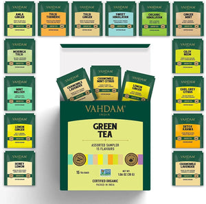 VAHDAM Organic Green Tea Bags - 15 Units | Green Tea for Weight Loss | USDA Certified | Zero Calories, Improves Metabolism | 100% Fresh and Organic Tea |15 Pyramid Assorted Tea Bags