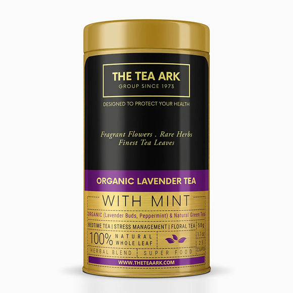 The Tea Ark Organic Lavender & Peppermint Tea, with Natural Green Tea, Herbal Bedtime Tea for Sleep, Stress Management for Men Women (25 Cups), 50 Gms (Tin)