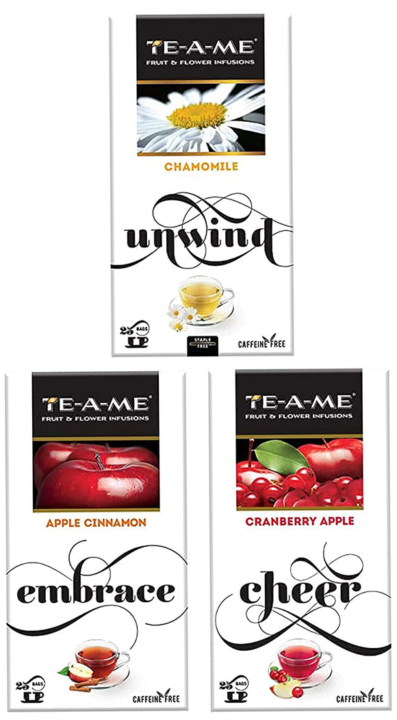 TE-A-ME Chamomile Infusion Tea, 25 Infusion Tea Bags (2 Flavored Bags Free) - Apple Cinnamon Infusion, 25 Tea Bags (2 Flavored Bags Free) - Cranberry Apple Infusion, 25 Tea Bags (2 Flavored Bags Free)
