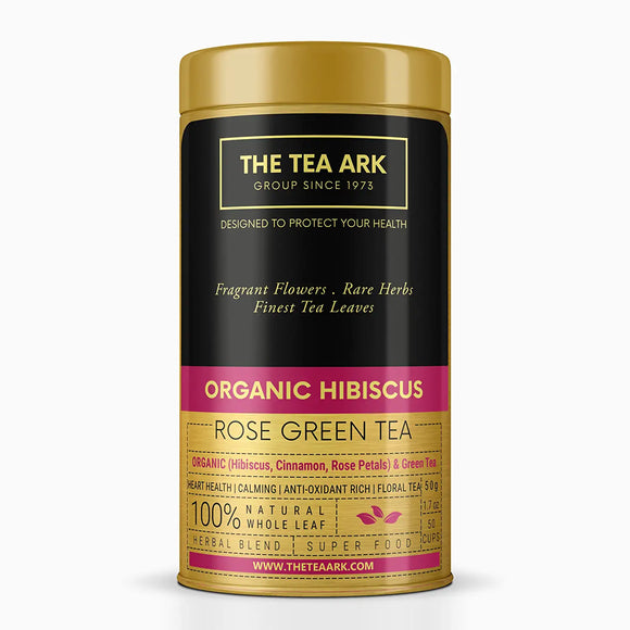 The Tea Ark Organic Hibiscus Tea, Cinnamon and Rose Petals, with Natural Green Tea, Powerful Antioxidant, Heart Health, Weight Management, Liver Health (25 Cups), 50 Gms (Tin)