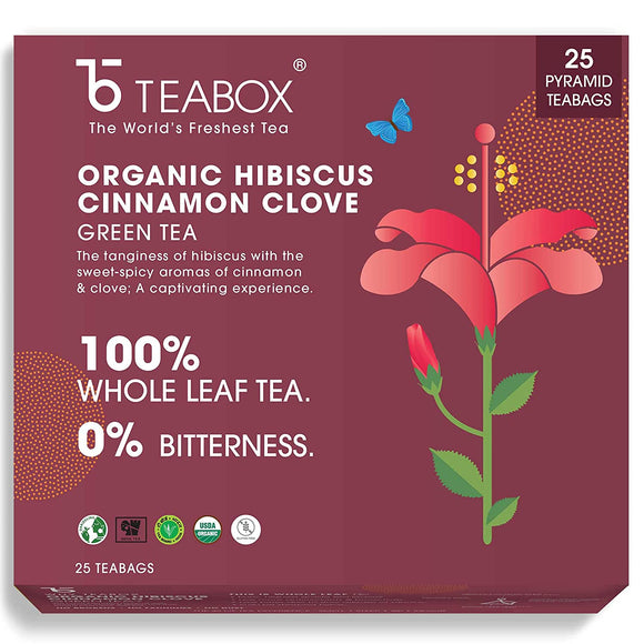Teabox Organic Hibiscus Cinnamon Clove Green Tea Bags 25 pcs | Made with 100% Whole Leaf, Natural Hibiscus, Cinnamon & Clove