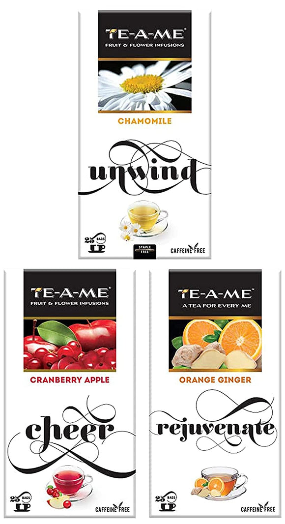 TE-A-ME Chamomile Infusion Tea, 25 Infusion Tea Bags (2 Flavored Bags Free) - Cranberry Apple Infusion, 25 Tea Bags - Orange Ginger Herbal Infusion Tea, Pack of 25 Tea Bags (2 Flavored Bags Free)