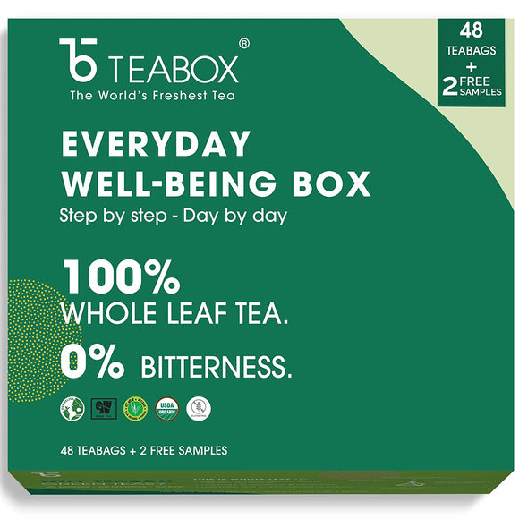 Teabox Well Being Assortment Of Green Tea For Weight Loss | Made with 100 % Natural Ingredients | 50 Pyramid Tea Bags (48 Tea Bags + 2 Free Samples) of Six Healthy & Exciting Flavours