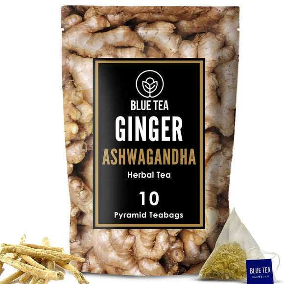 BLUE TEA - Ginger Ashwagandha Tea Bags - 10 TB || SUPER DIGESTIVE || Ginger Tea - Caffeine-free Herbal Tea– Eco Conscious Zipper Pack |