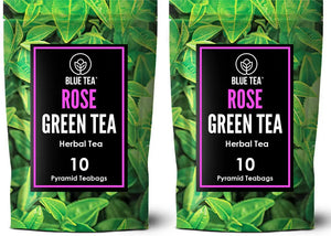 BLUE TEA - Rose Green Tea Bags (PACK OF 2) - 20 Premium Tea Bags || HEALTHY SKIN TEA || Rose Flower blended with Whole Leaf Green Tea - Premium Zipper pack