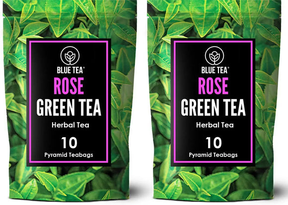BLUE TEA - Rose Green Tea Bags (PACK OF 2) - 20 Premium Tea Bags || HEALTHY SKIN TEA || Rose Flower blended with Whole Leaf Green Tea - Premium Zipper pack