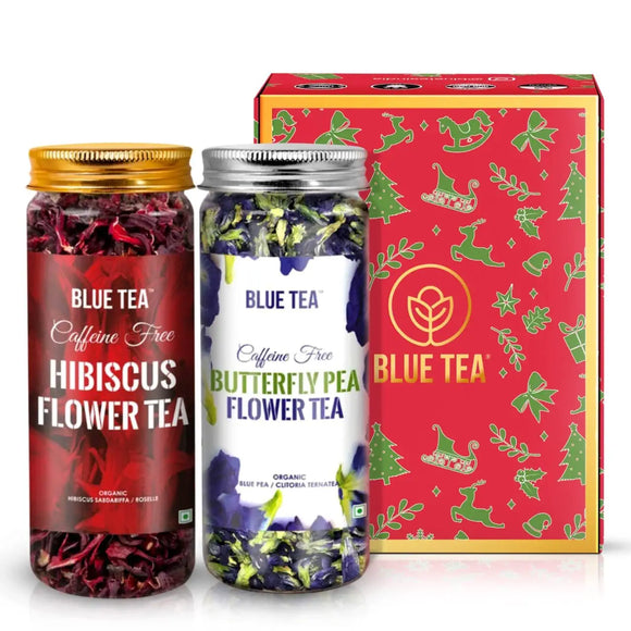 BLUE TEA - Tea Gift Pack - Butterfly Pea Flower Tea (25g) and Hibiscus Flower Tea (50g) ll FARM PACKED for Freshness ll Herbal Tea, Iced Tea and Infusion l Non GMO, Gluten Free l