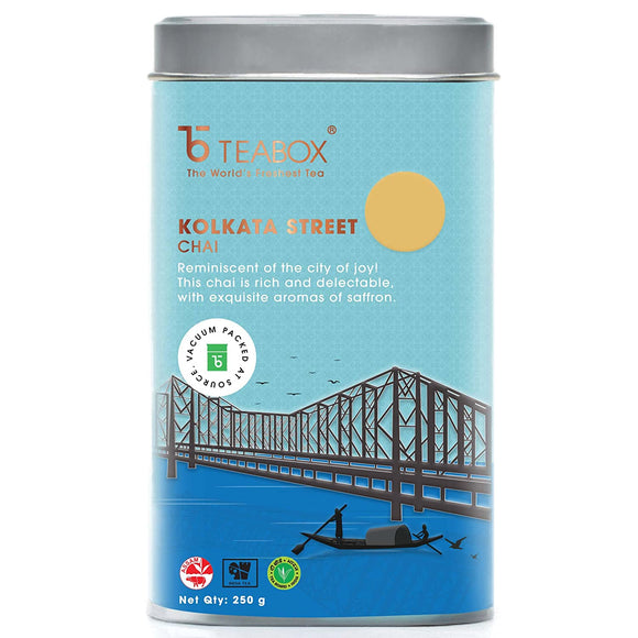 Teabox Kolkata Street Masala Chai 250 Grams| Reminiscent Of The City Of Joy | Tea Blended With Saffron, Cardamom, Nutmeg & Ginger, With Exquisite Aromas Of Saffron