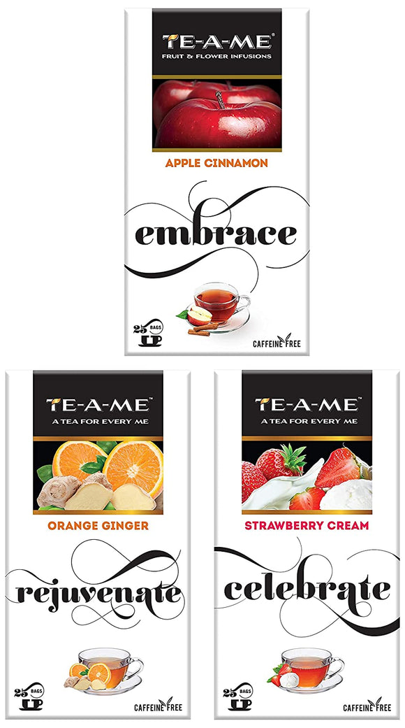 TE-A-ME Apple Cinnamon Infusion, 25 Tea Bags (2 Flavored Bags Free) - Orange Ginger Herbal Infusion Tea, Pack of 25 Tea Bags - Strawberry Cream Infusion, 25 Tea Bags (3 Flavored Bags Free)