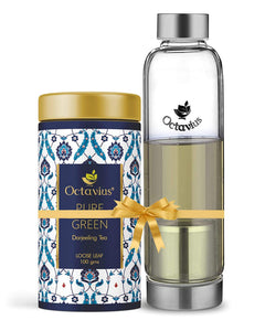 Octavius Tea Bliss Combo | Whole Leaf Pure Green Tea with Tea Infuser Bottle | Helps in Weight Management | Infuse On The Go | Travel Pack - 100 Gm and 520 Ml
