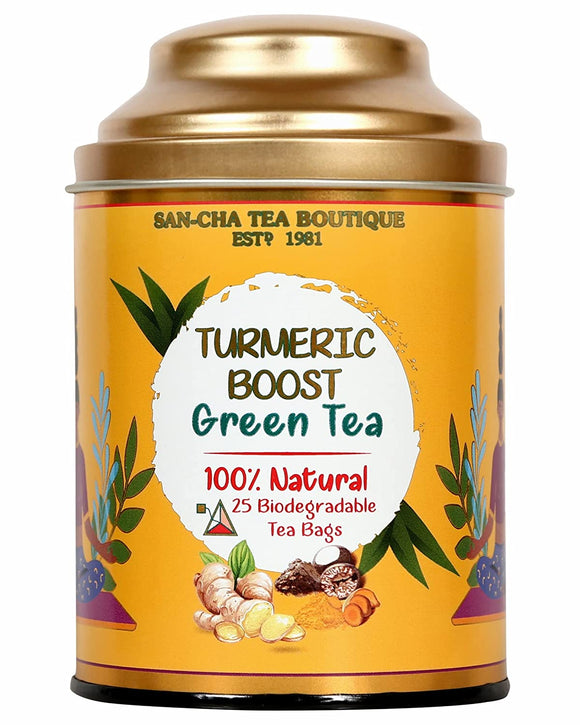 Sancha Tea Boutique Turmeric Boost Green Tea Bags (Pack of 25), Blend of Turmeric Powder, Ginger & Nutmeg, Herbal Tea for Weight Loss, 100% Natural Detox