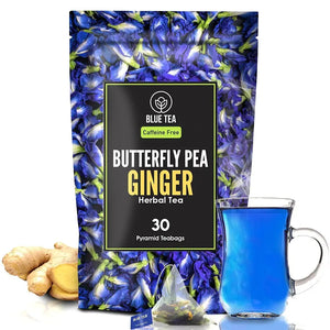 BLUE TEA - Butterfly Pea Ginger Herbal Tea - 30 Pyramid Tea Bags | Premium Zipper Pack | Caffeine Free