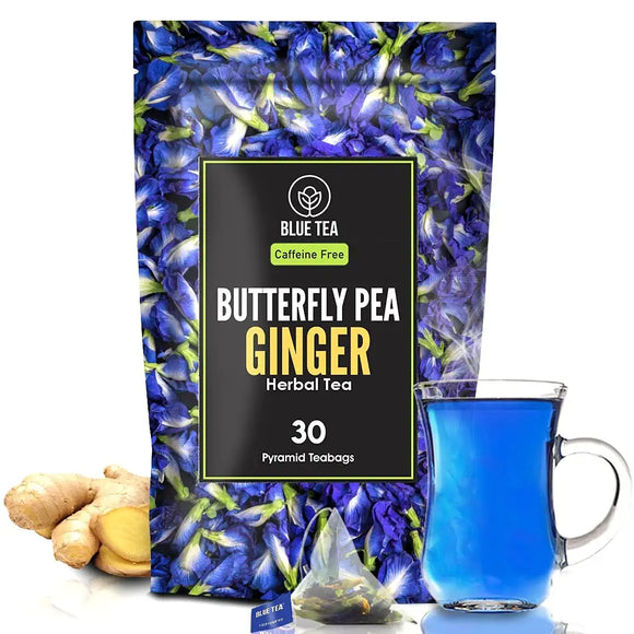 BLUE TEA - Butterfly Pea Ginger Herbal Tea - 30 Pyramid Tea Bags | Premium Zipper Pack | Caffeine Free