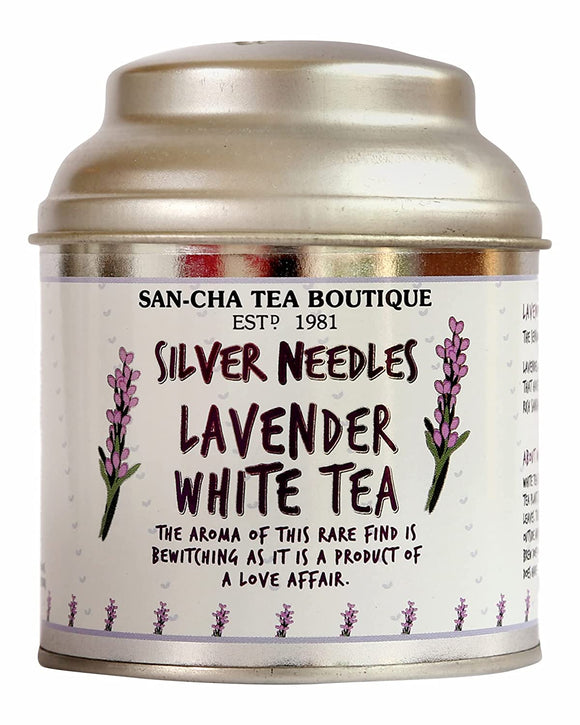 Sancha Tea Boutique, Lavender White Tea, Makes over 75 Cups, Pure Tea Buds Blended with Real Lavender Flowers, Low Caffeine Tea, Relaxing Tea, Silver Needles White Tea