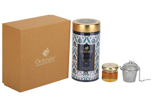Octavius Tea Essentials Range | Antioxidant Blast | Diwali Gift Set For Tea Lovers | 1 Wellness Pure Green Tea in Decorative Tin Box Along with a Infuser and Mini Honey jar| Perfect Diwali Gift Hamper