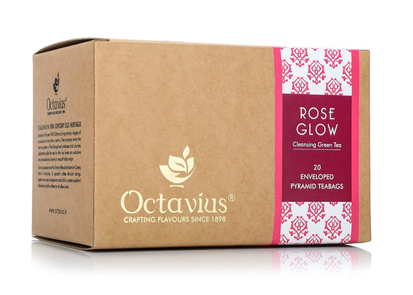 Octavius Rose Glow Cleansing Green Tea - 20 Enveloped Pyramid Tea Bags | Detoxifying Rose Green Tea in Easy to Use Premium Teabags