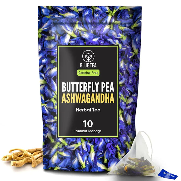 BLUE TEA - Butterfly Pea Ashwagandha Immunity Booster Herbal Tea - 10 Pyramid Tea Bags | Caffeine Free Herbal Tea | Premium Zipper Pack