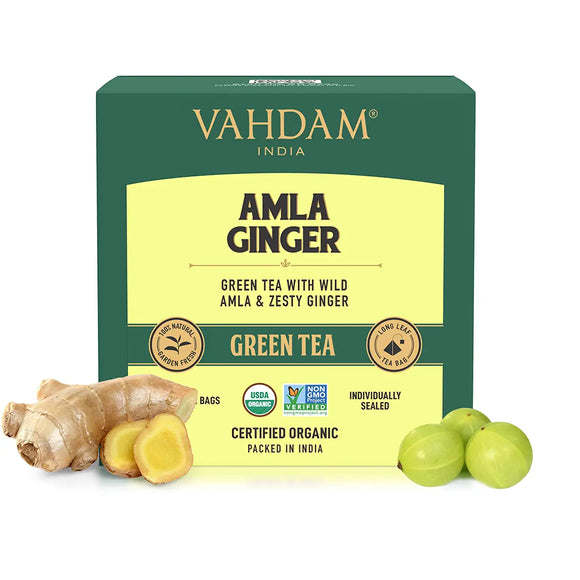 VAHDAM Organic Amla Ginger Tea - 15 Green Tea Bags | Vitamin C Fortified Digestive Health Drink | High Nutrition Pratapgarh Amla Variety | Herbal Tea for Immunity, USDA Certified