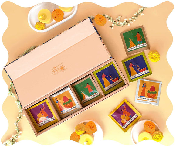The Indian Chai - Diwali Gift Box for Deepawali with Dandelion Tea, Licorice Tea, Immunity Tea and Skin Glow Tea Bags, Green Tea, Herbal Tea, Gift Hamper, Diwali Gift Items (20 Tea Bags x 2g each)