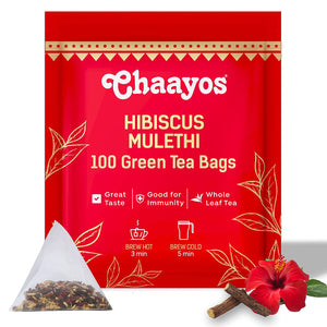 Chaayos Hibiscus Mulethi Green Tea - 100 Hibiscus Green Tea Bags | Contains Dried Hibiscus Flowers with Green Tea Leaves | Whole Leaf Tea | 100% Organic Green Tea | Detox Tea | Pyramid Tea Bags