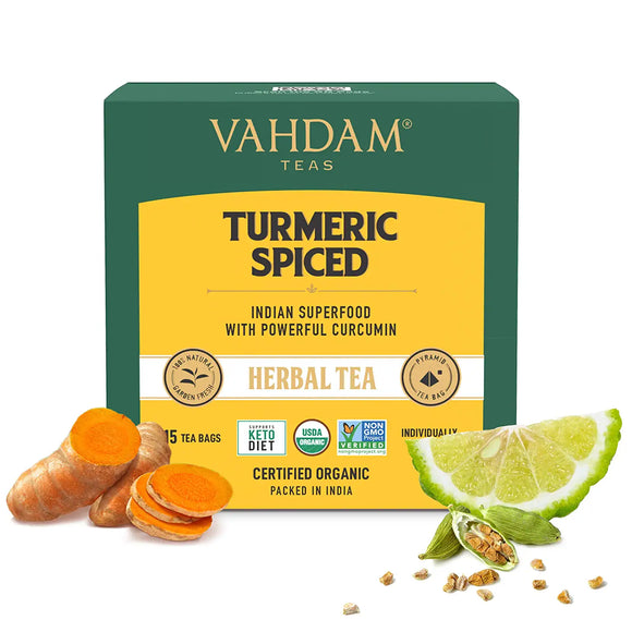 VAHDAM - Organic Spiced Turmeric Tea | USDA Organic Certified 15 Turmeric Tea Bags | Blend of Turmeric Powder & Fresh Spices | Herbal Tea for Weight Loss | 100% Natural Detox