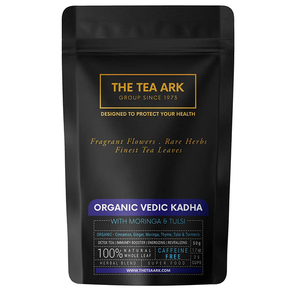 The Tea Ark Vedic Kadha Tea Pouch Pack, Organic Ingredients - Turmeric, Moringa, Ginger Tulsi, Thyme, Cinnamon, Herbal Tea for Cold Cough, Kadha Mix for Immunity Booster (25 Cups) (Pouch)