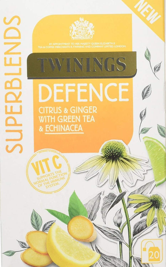 Twinings Superblends Defence 20 Tea Bags, a Vibrant Unique Blend with Green Tea, Ginger and Echinacea Warm, Smooth, Aromatic, Delicious Zesty Sweetness