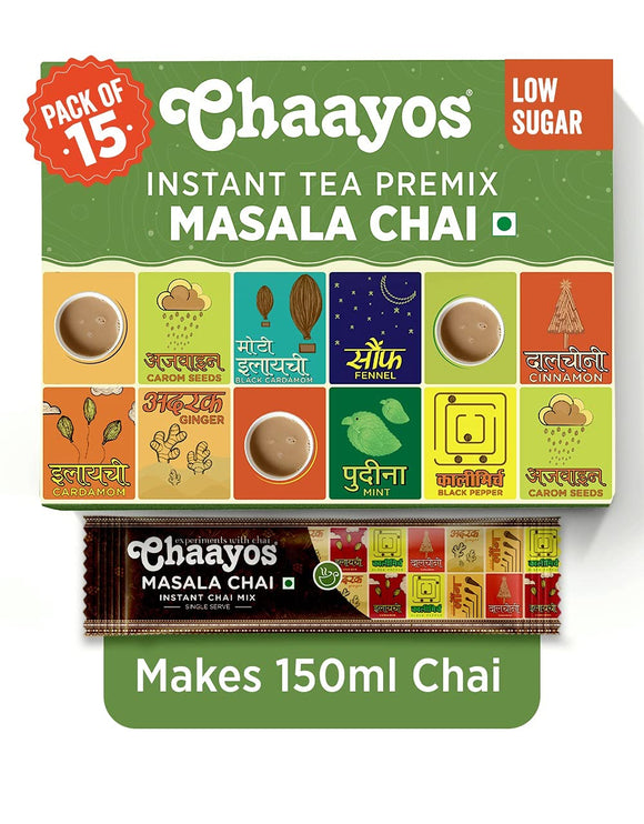 Chaayos Instant Tea Premix - Low Sugar - Masala Flavour (15 Sachets) | Instant Tea | Tea Premix | Masala Tea | Masala Chai | Assam Tea | Flavored Tea | Tea Masala Mix