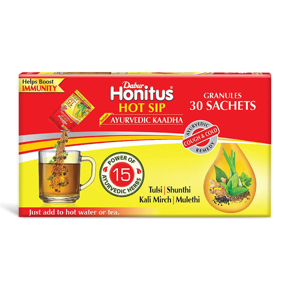 Dabur Honitus Hot Sip: 100% Ayurvedic Kadha | Provides Instant Relief from Cough and Cold (Pack of 30 Sachets) 4gm Each
