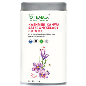 Teabox Fresh Kashmiri Kahwa Saffron (Kesar) Green Tea Loose Leaves 100 Grams | 100% Natural Ingredients Green Tea Handblended with Saffron, Almond, Cardamom & Cloves