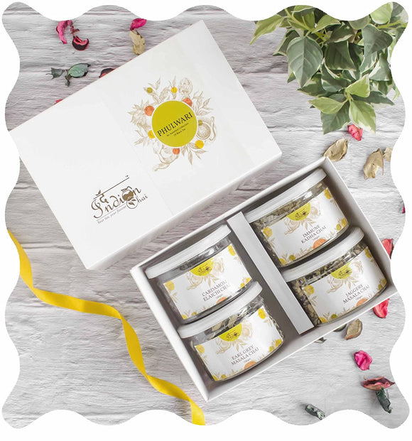 The Indian Chai – Phulwari Gift Hamper Tea 400g Set for Diwali Gift with Immune Kadha Chai, Cardamom Elaichi Chai, Earl Grey Masala Chai and Jaggery Masala Chai for Immunity, Digestion and Detox, 100g Each
